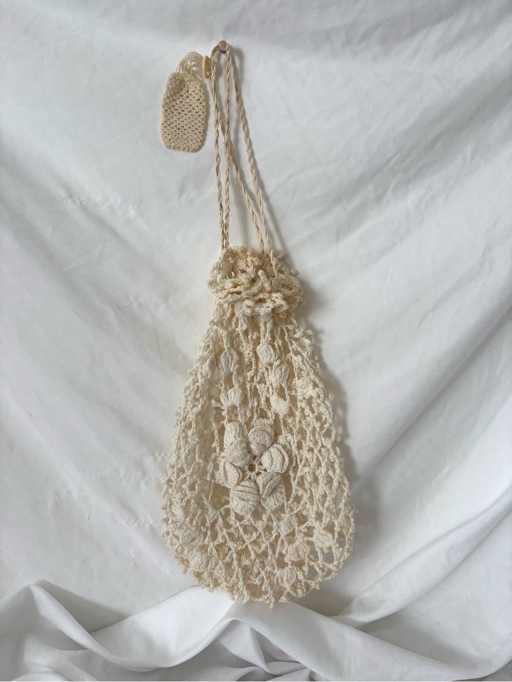 Antique Victorian handmade crochet purse wristlet drawstring cream macrame pouch